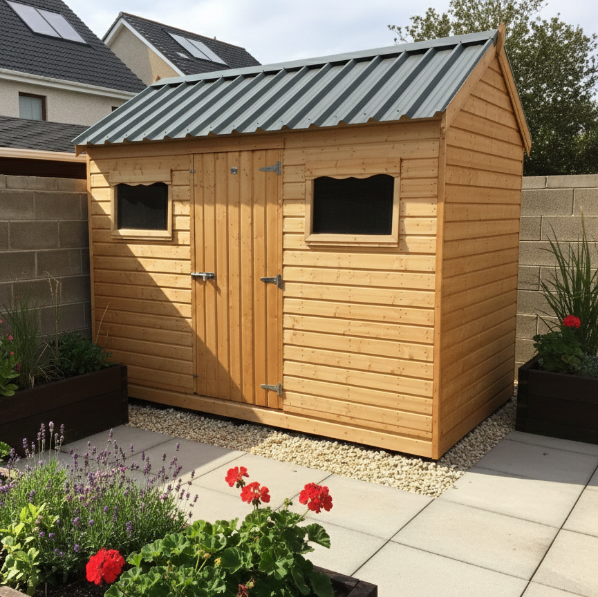 Wooden shed with a metal roof in a garden setting with flowers and plants.