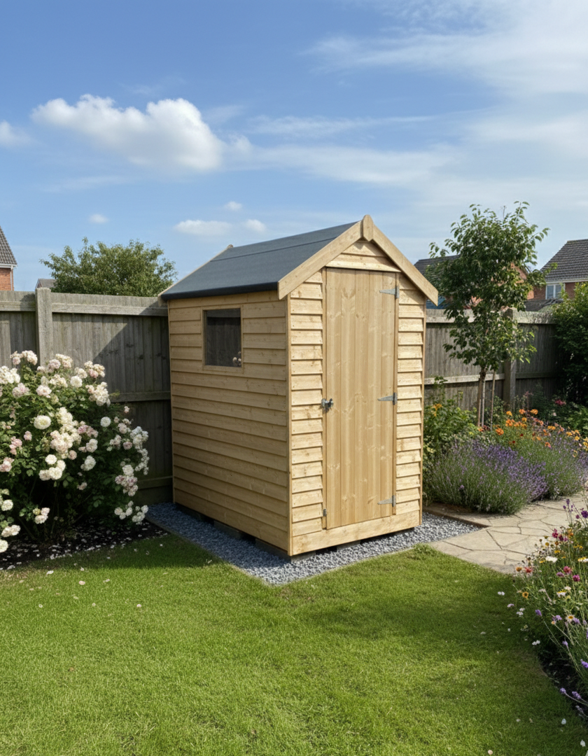 Wooden shed in a garden with green grass and flowers under a blue sky.