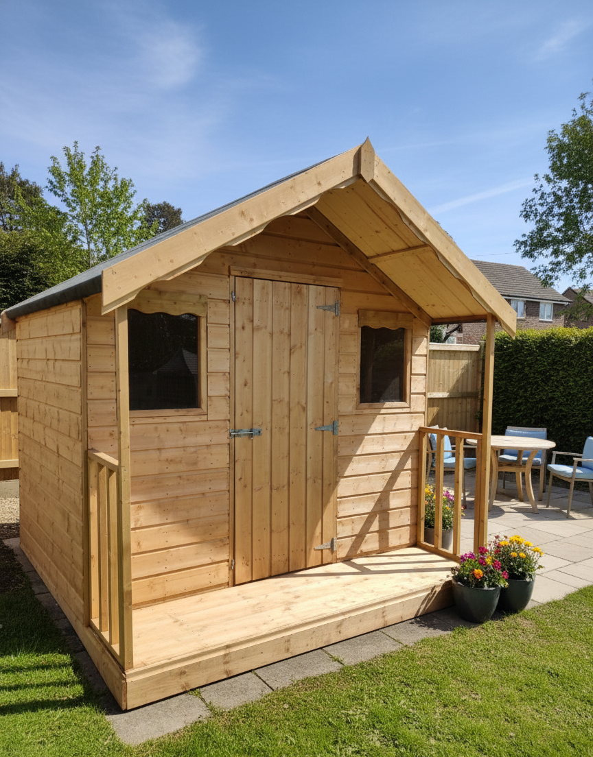 Wooden garden shed with a small patio area and flowers on a sunny day.