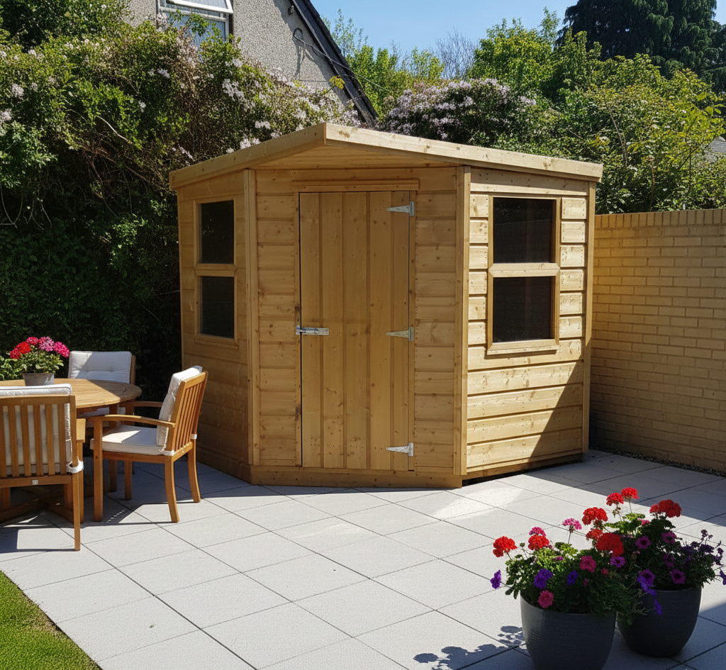 Wooden Corner shed in a garden with patio area and potted flowers