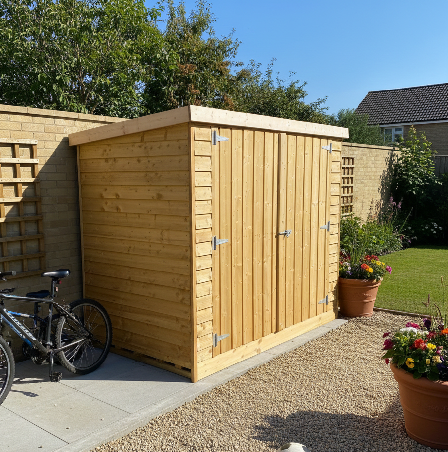 Wooden shed with a bicycle parked against it, surrounded by potted plants and a soccer ball on a gravel area.