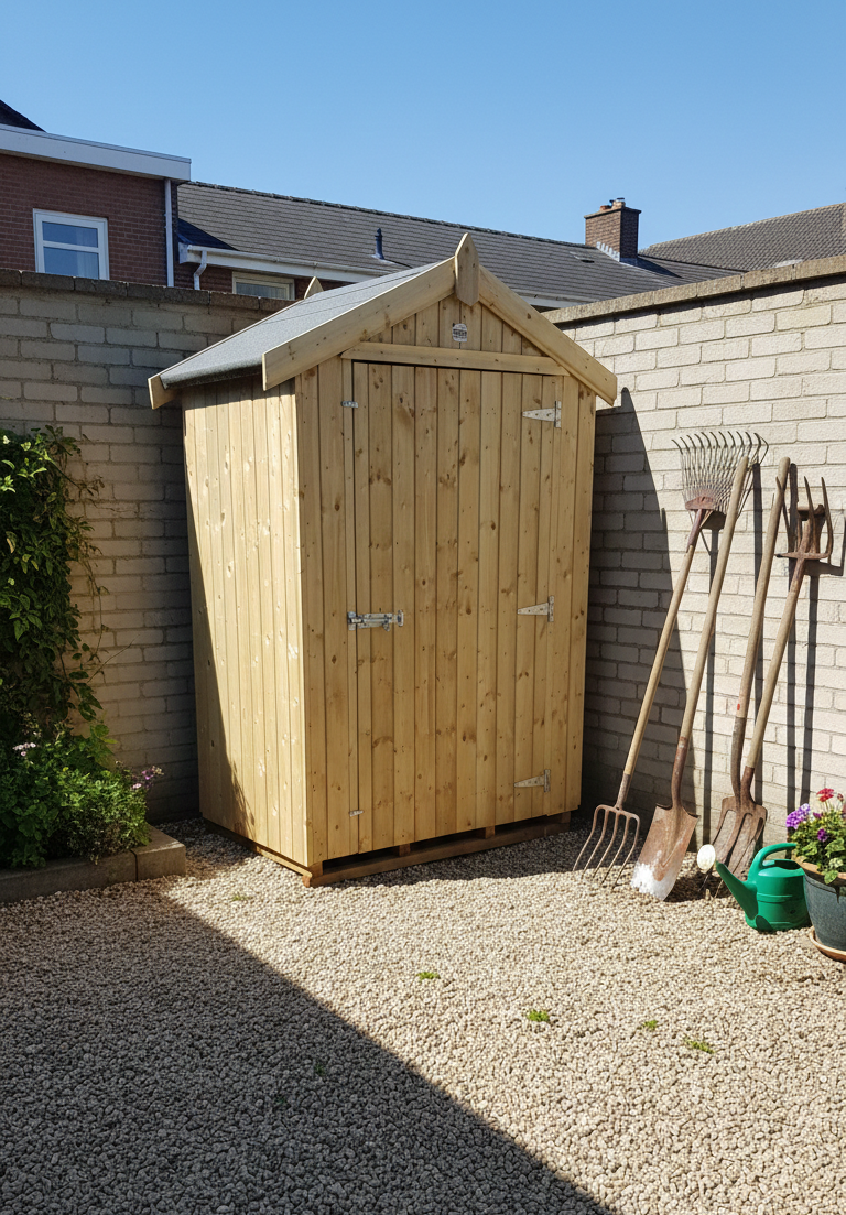 Wooden shed in a garden with gardening tools and plants.