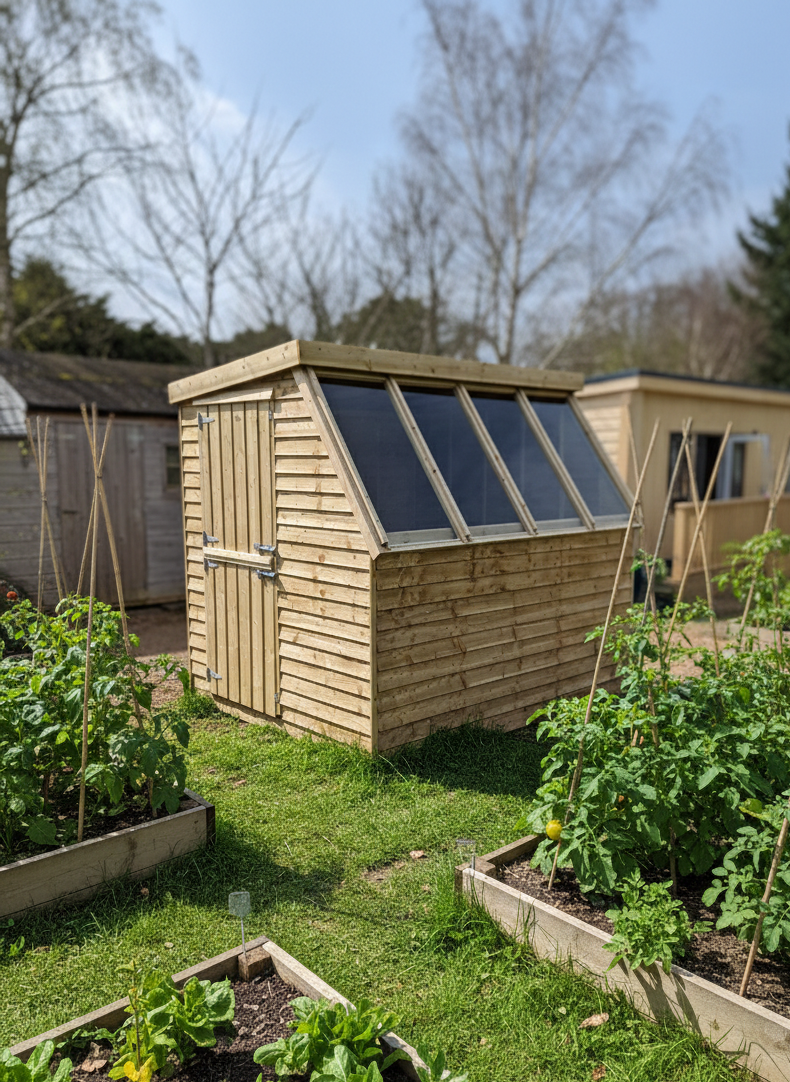 Wooden Potting shed in a garden with raised vegetable patches
