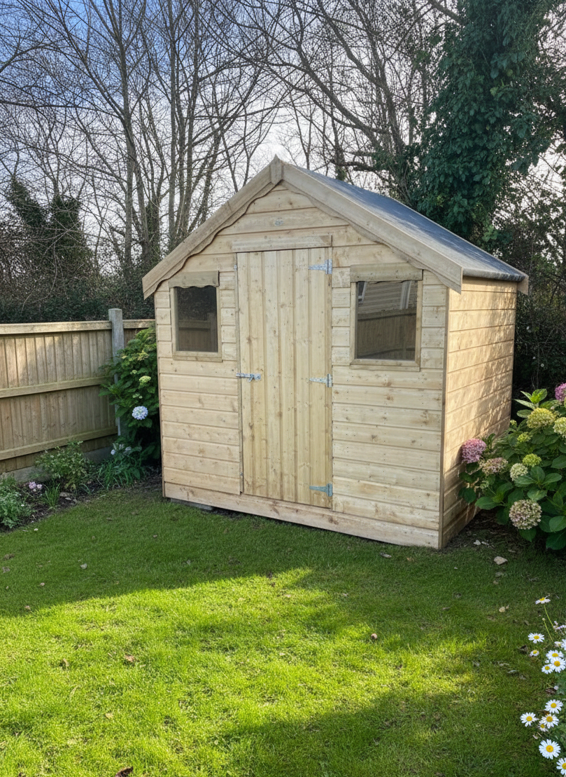 Wooden shed in a garden with grass and plants around