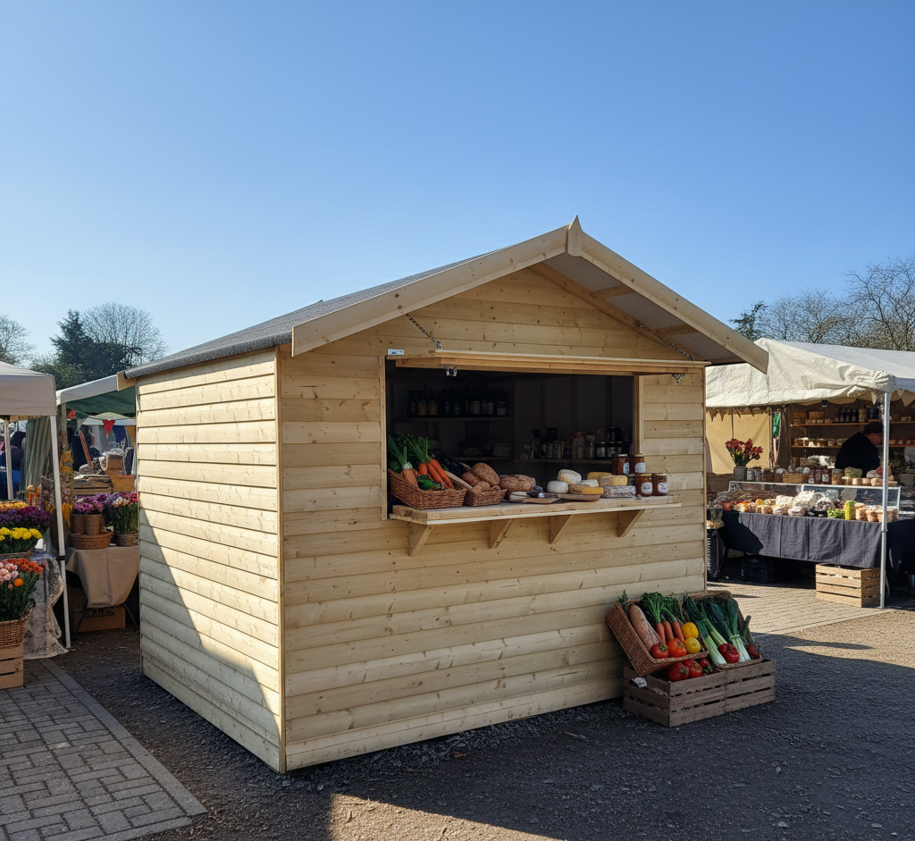 Wooden market stall with fresh produce under a clear blue sky