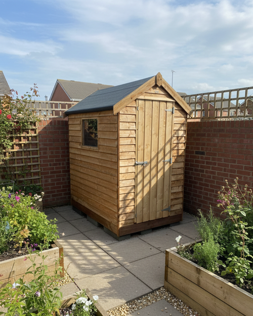 Standard Apex Garden Shed with window, installed on a patio by Abwood